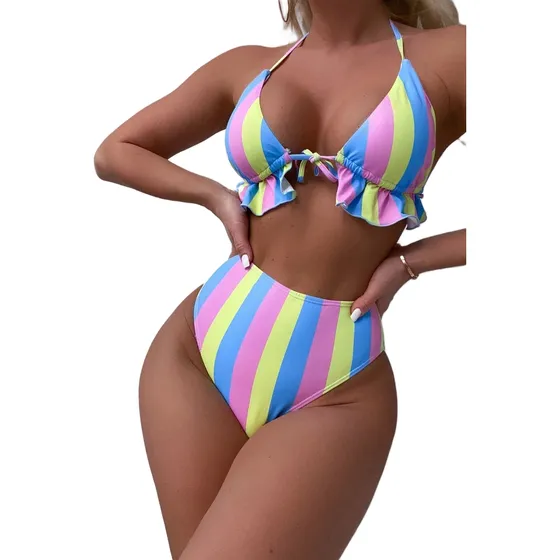 Shein Bikini De Rayas Con Fruncido Halter Triángulo De Talle