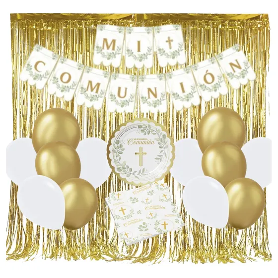 Combo Globos Kit Mi Comunion Verde Dorado Plato Servilleta 