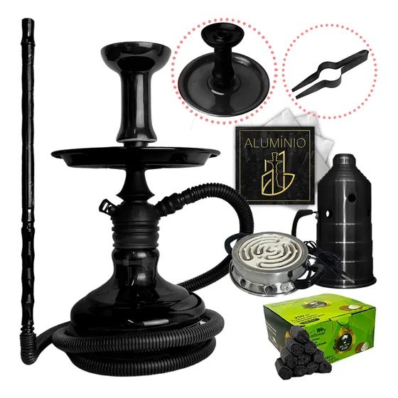 Narguile Kit Completo Black Hookah Carvão Fogareiro Aluminio