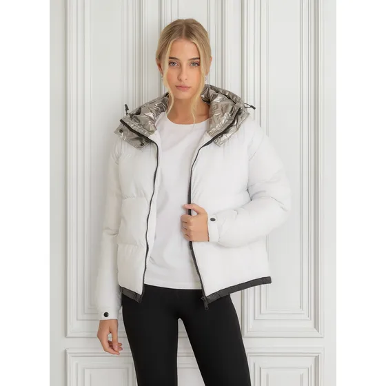 Campera Puffer Mujer Termica Capucha Plateada Importada Iam