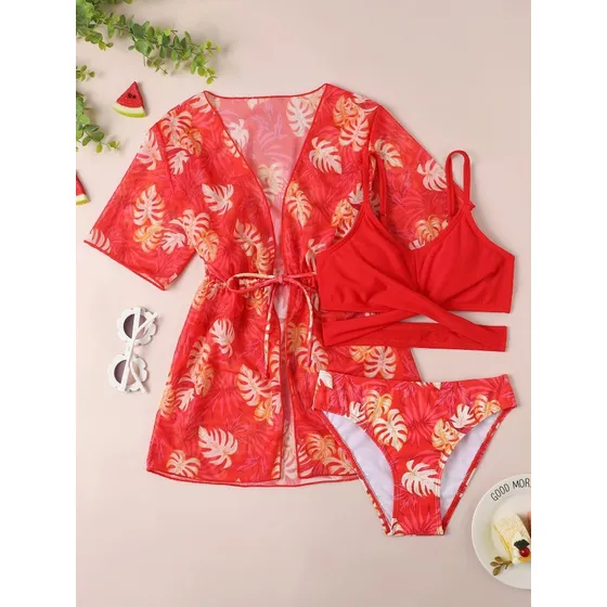 Shein Niñas Bañador Bikini Con Estampado Tropical Y Kimono