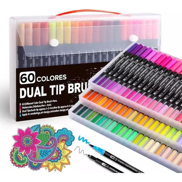 Kit Caneta Brush Pen Duas Pontas Lettering 60 Cores Pincel