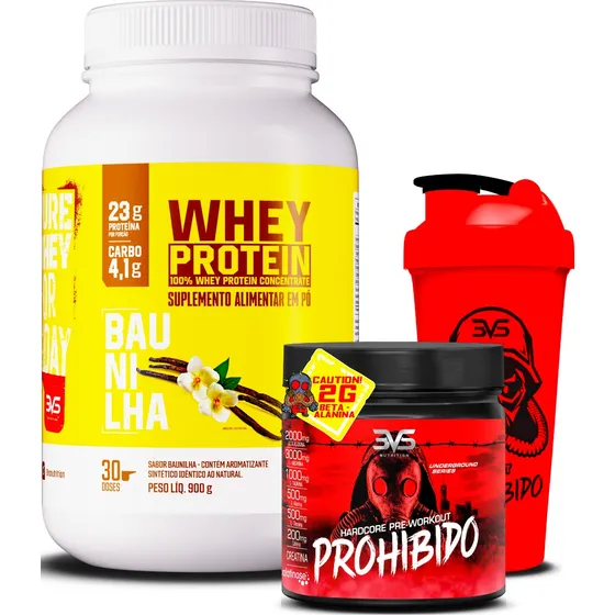 100% Whey Protein + Pré Treino Prohibido + Coqueteleira