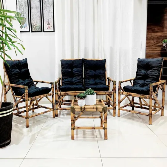 Kit Sofá + 2 Poltronas + Mesa Bambu Varanda Assento Estofado