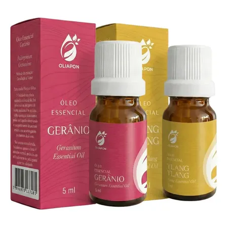 Kit 2 Óleos Essenciais Ylang Ylang e Gerânio 10ml Aroma Floral Exótico, Perfume Ambiente, Difusor de Aromas, Autocuidado, Bem-Estar Diário, Relaxante Natural e Perfumação Sofisticada