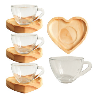 Xicaras Café 90ml Vidro C/ Pires Madeira Kit 8 Pçs Xicaras Café 90ml Vidro C/ Pires Madeira Kit 8 Pçs