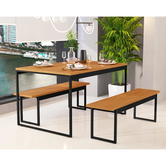 Conjunto Mesa De Jantar Com 2 Bancos Estilo Industrial