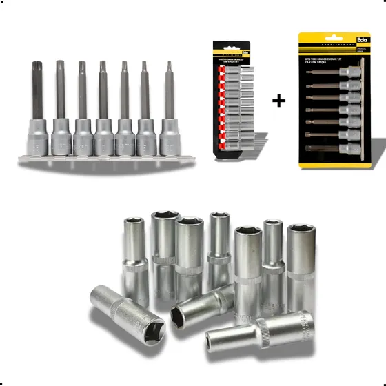 Jogo 17 Peças 1/2  Soquetes 8-19 Mm E Bits T20-t55 Longo