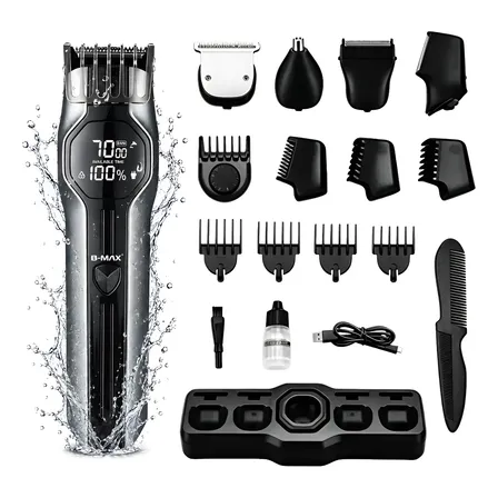 14 Kit Maquina Cortar Cabelo Profissional Barbear Com Base Cinza-escuro 127/220v