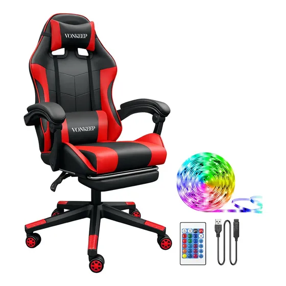 Vonkeep Silla Gamer Ergonómica Reposapiés Reclinable Giratoria Gaming Escritorio Oficina Súper Cómoda Cuero Sintético Y Tira Luces Rgb Led Decorativas 5m