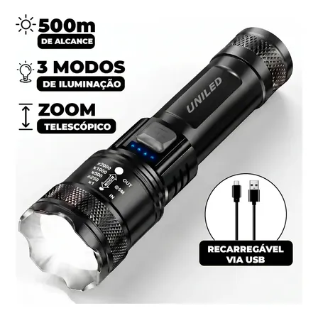 Lanterna Militar Tatica LED Mais Forte do Mundo 1000m Potente Zoom Telescópico Alto Brilho Resistente Agua Sitio Fazenda UNILED
