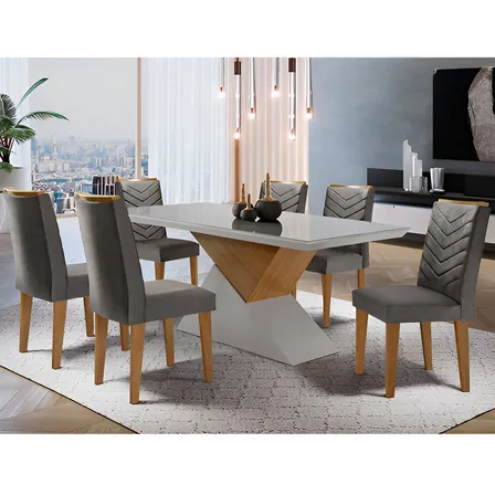 Mesa Aster 180 Tampo Em Mdf E Vidro + 6 Cadeiras Liz Moderna Cor Grafite, Off White E Imbuia