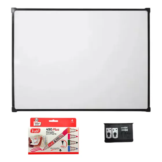 Pizarra Blanca 80x120 Borde Metálico + Kit Trabi 450 X4 Uni.