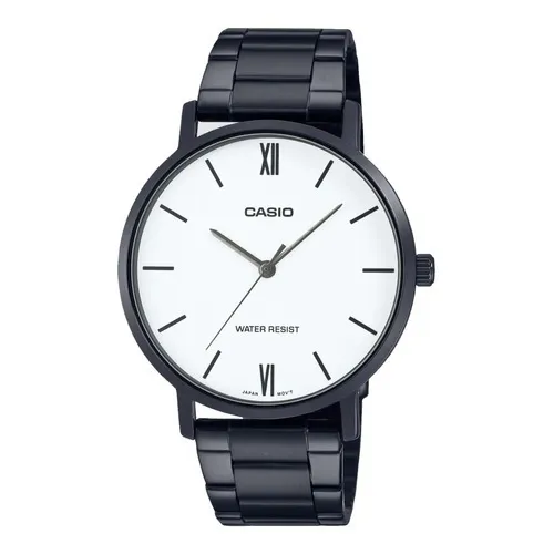 Reloj Casio Mtp Vt01b Negro Acero Pavonado Carátula Blanca 