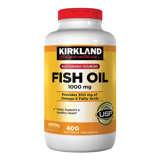 ​Kirkland Signature Aceite de pescado 1000mg 300mg Omega-3 por cápsula Apoya la salud cardiaca Origen sostenible Verificado por USP 400 cápsulas blandas​