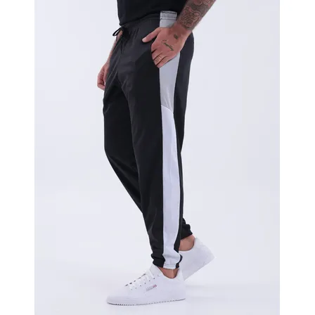 Calça Moletom Masculina Academia Corrida Slim Chimpa Esporte Preto Liso Com Recorte Lateral Contrastante G