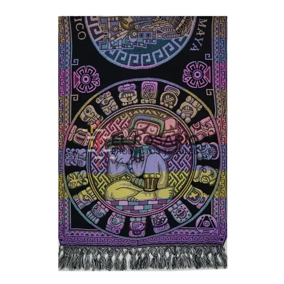 Rebozo Artesanal Mexicano - Calendario Maya Color Colorín Negro 2