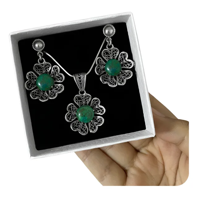Set Collar Aretes Flor Verde Regalo Mamá Novia Joya Plata Plateado