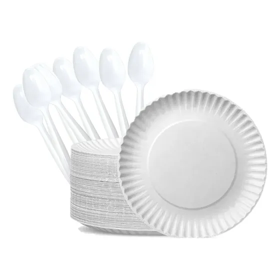 Pack 100 Plato De Carton Blanco + 100 Tenedores Desechables