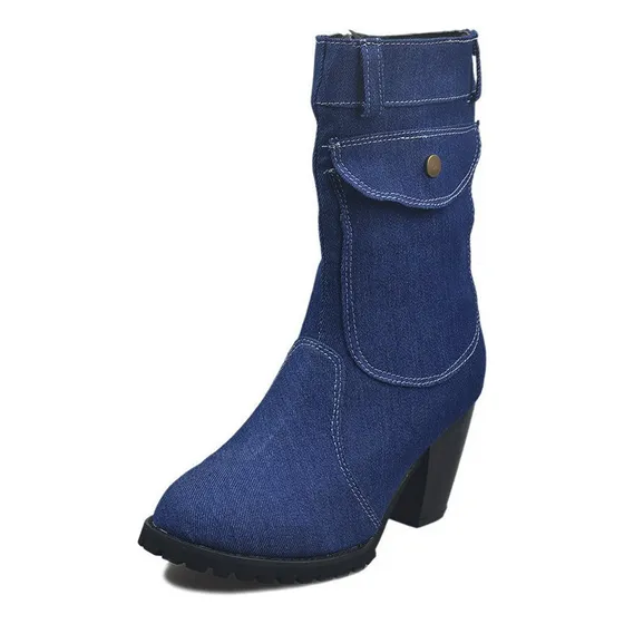 Shaoke Botas De Cuero Mujer De Mezclilla Vintage Con Tacón