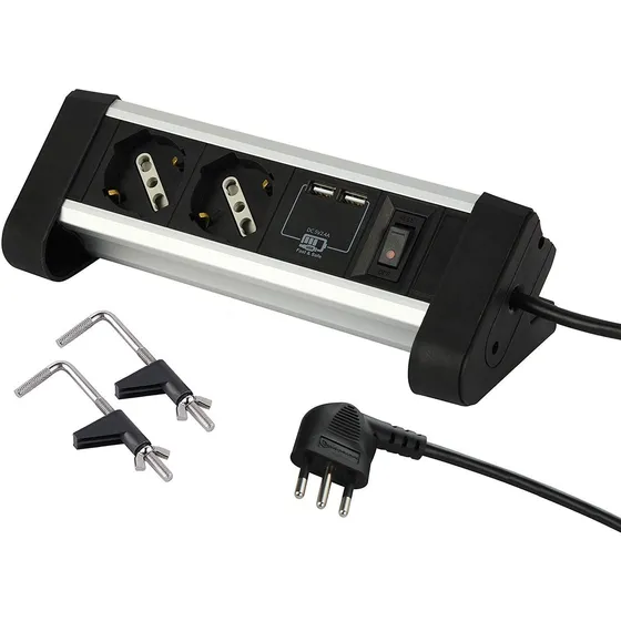 Alargue De Escritorio Aluminio 2 Tomas Schuko + 2 Usb