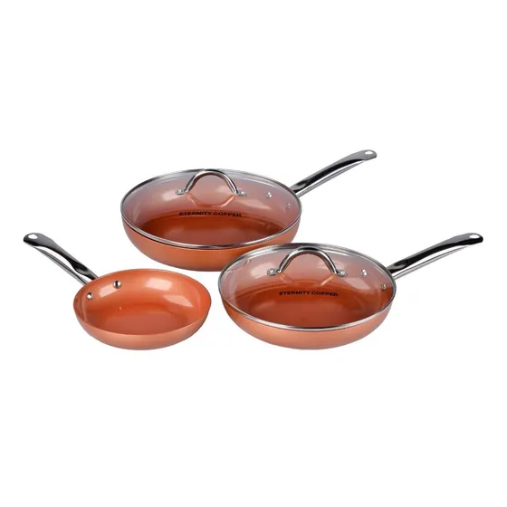 Sartenes X 3 Eternity Copper Antiadherente de Alta Resistencia Cocina Saludable Sin Aceite Apta Para Inducción Gas y Eléctrica Fácil de Limpiar