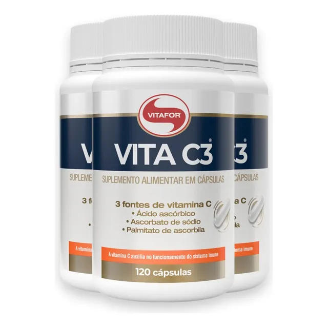 Kit 3 Vita C3 Vitamina C Vitafor 120 Cápsulas. Sabor Neutro