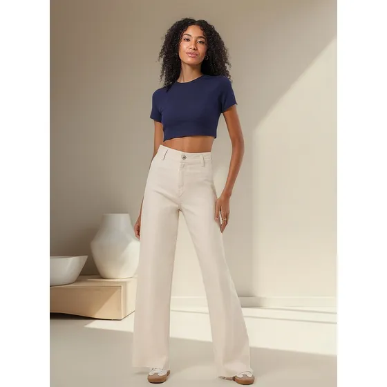 Calça Sarja Wide Leg Com Elastano