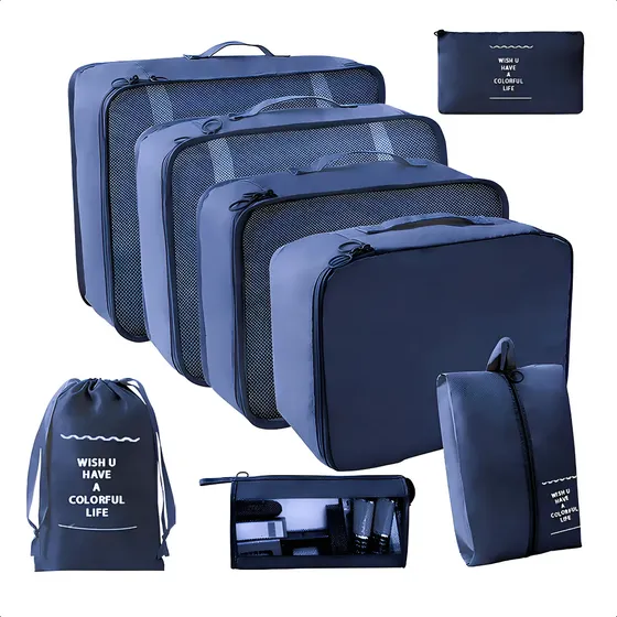 Organizador de Equipaje de Poliéster Impermeable para Viaje - Pack de 8 Bolsas Azul Marino