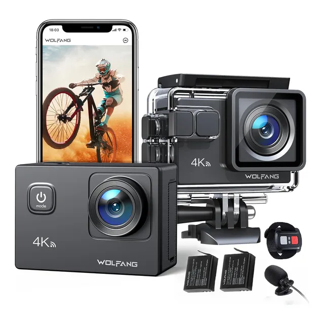 Cámara De Acción Deportiva Wolfang GA100 Wifi 4k 20mp 30fps Cámara Submarina Resistente al Agua de 40 m Con Micrófono Externo y Control Remoto y Dos Batería Negro