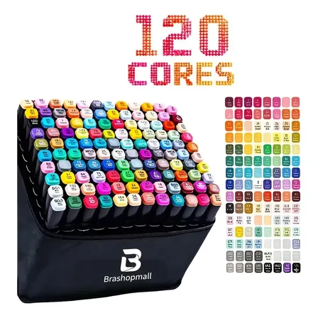Conjunto Canetas Marcador Permanente Canetinhas Touch Coloridas Ponta Dupla 120 Cores Marca Texto Estojo Kit Bolsa Pintura Desenho Profissional Brashopmall