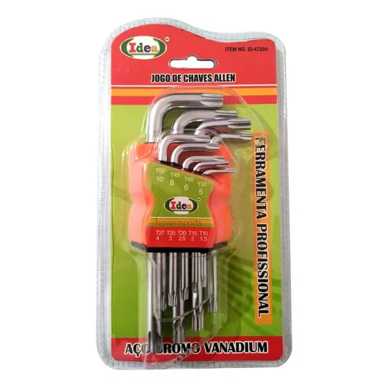 Jogo Chave Torx Com Furo Torque Tork Curta 9 Peças T10 -t50