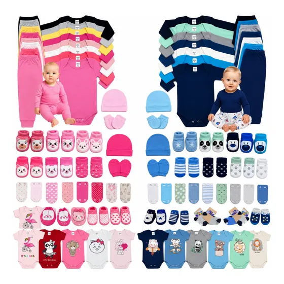 Kit 30 Pçs Enxoval Roupa Bebê Body Mijão Touca Meia Luva