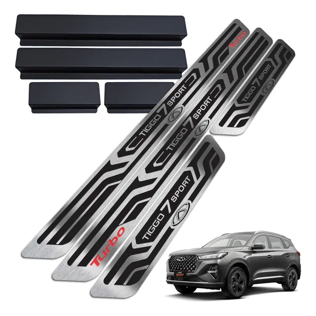 Soleiras Tiggo 7 Sport Aço Inox Escovado Com Vinil E Brinde