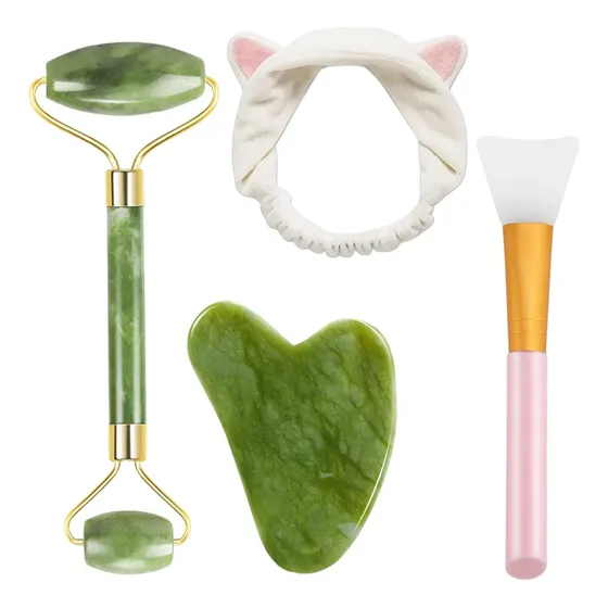 Set Rodillo Facial Jade Gua Sha + Bandana Brocha Mascarilla 