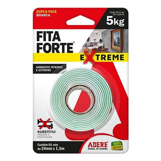 Adere Fita Forte Extreme 1.5 M X 24 Mm Até 5 Kg Vidros Cor Branco Adere Fita Forte Extreme 1.5 M X 24 Mm Até 5 Kg Vidros Cor Branco