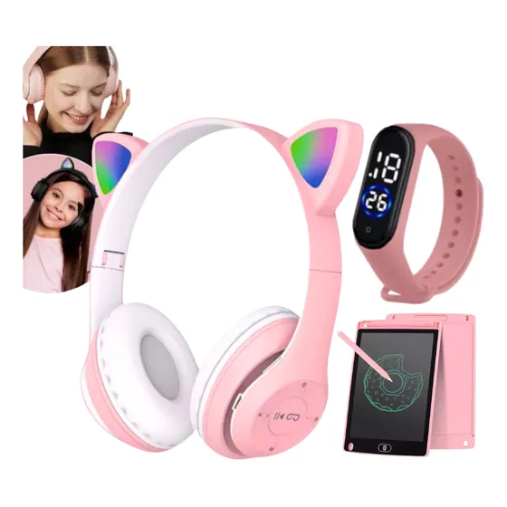 Fone Ouvido Gatinho Bluetooth +relógio Led +lousa Magica Lcd