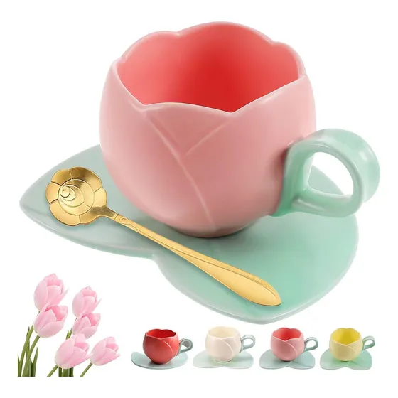 Juego Tazas Café Cerámica Diseño Tulipán Con Cuchara Posavas