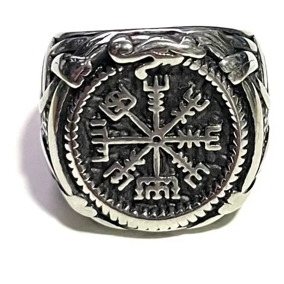 Anel Bússola Ouroboros Viking Nórdicos Vegvisir Tribal Aço  