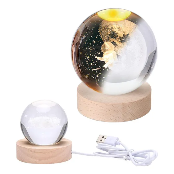 Esfera De Cristal Grabada C/ Luz Led Base Madera Luz D Noche