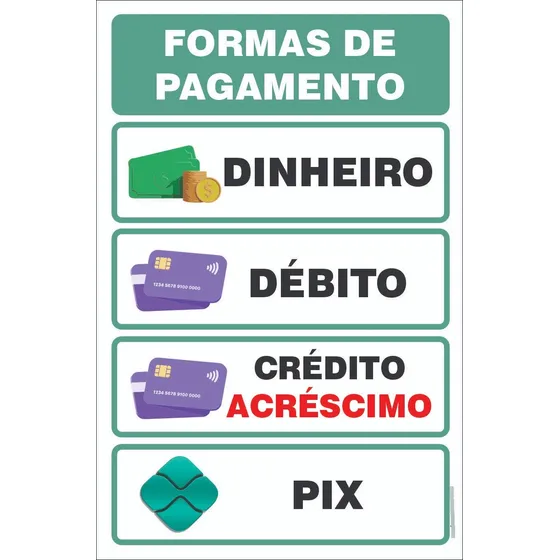 Placa Sinalização Formas Pagamento E Aceitamos Loja Comércio