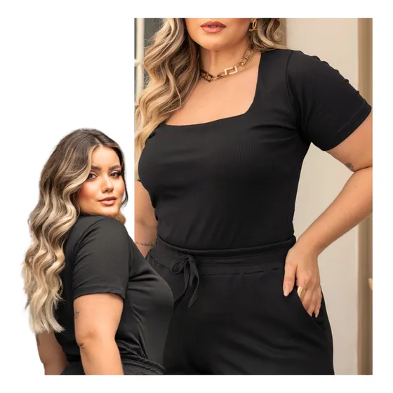 Blusa Feminina Plus Size Gola Quadrada Elegância E Estilo