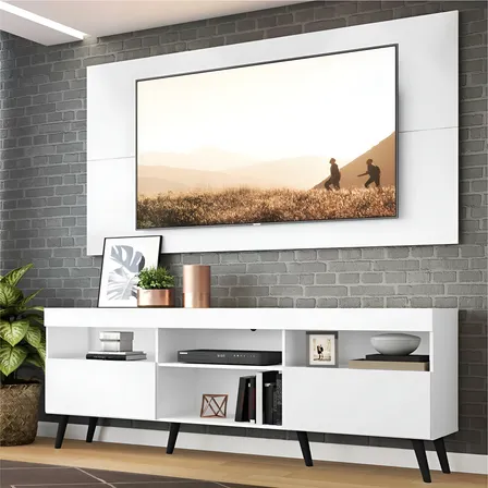 Rack C/ Painel E Suporte Tv 65  Retrô Home Sala Flórida Multimóveis Branco/preto