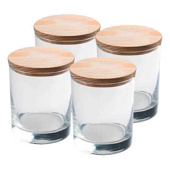 Set 4 Frascos Para Vela Contenedor Con Tapa Madera 220 Ml