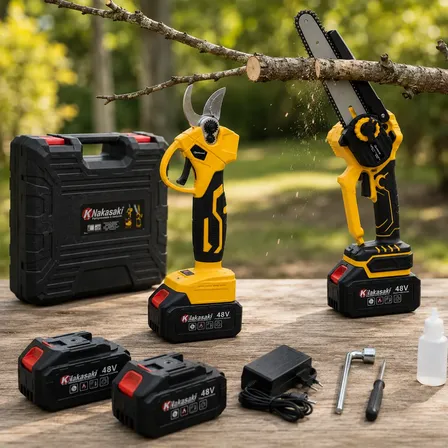 Kit Mini Motosserra E Tesoura De Poda 48v 2 Baterias Maleta Amarelo 127/220v