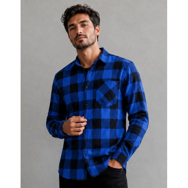 Camisa Xadrez Masculina Manga Longa Flanelada Premium Azul-preto Xadrez G