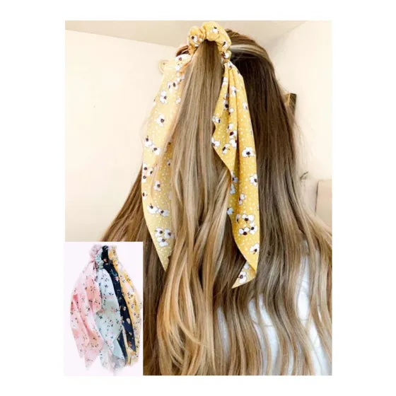 Kit 3 Laço Longo Cabelo Estampado Rabicó Cetim Scrunchie