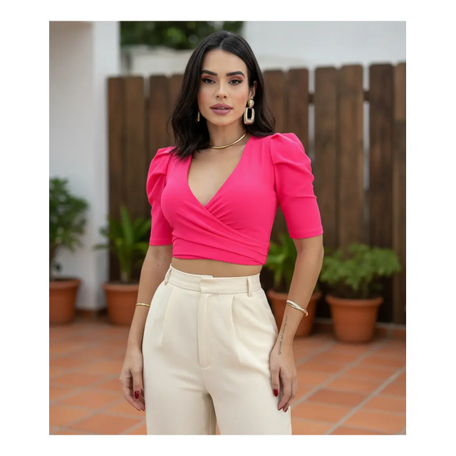 Cropped Blusinha Multiformas Manga Curta Bufante Princesa Rosa-neon Único Cropped Blusinha Multiformas Manga Curta Bufante Princesa Rosa-neon Único