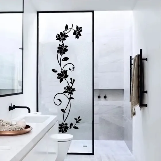 Vinilo Decorativo Hojas Y Flores Para División Del Baño
