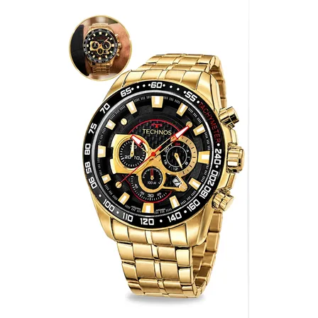 Relógio Technos Carbon Masculino Cronógrafo Pulso Original  Dourado Preto